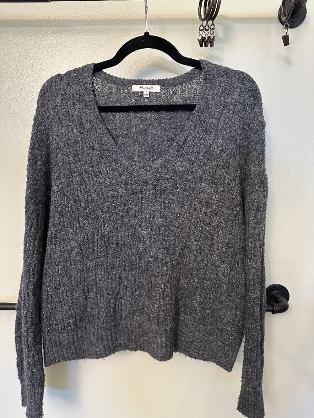 Madewell V Neck Gray Open Knit Sweater, Medium
